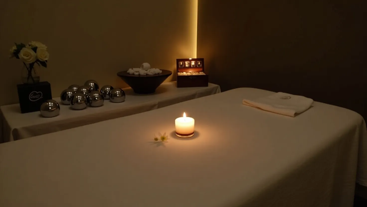 Candle-lit massage room at Deluxe Spa, Dubai Creek — soft towels, warm light and hot stones